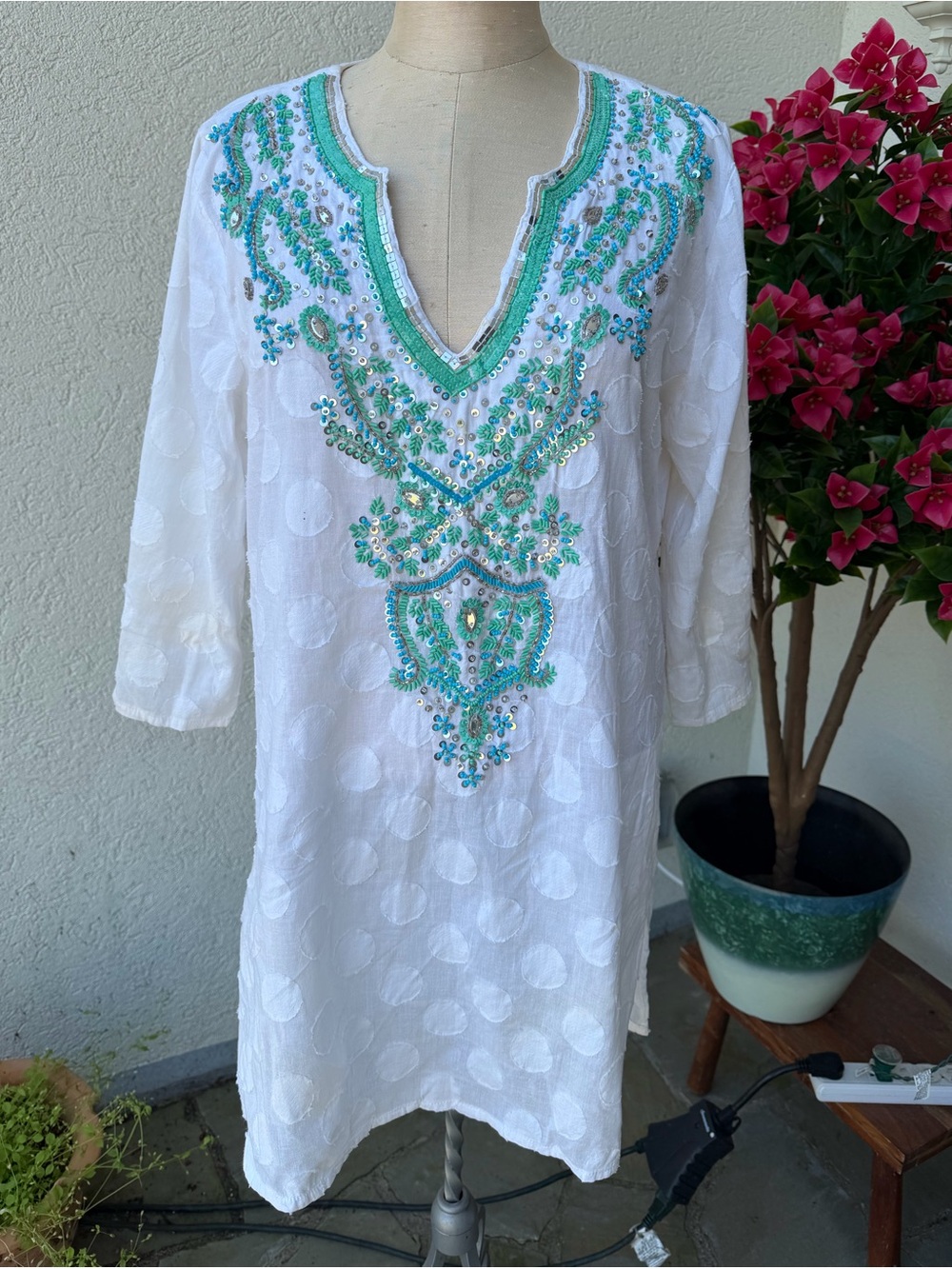 Women’s White Swim Tunic with Aqua Embellishment